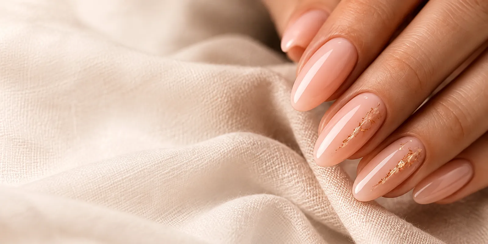 Zachtroze manicure met fijne gouden accenten op een crèmekleurige stof